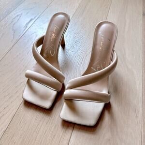 London Rag Spice Satin Nude Beige Heel Double Strap Angle Sandal Size 9
